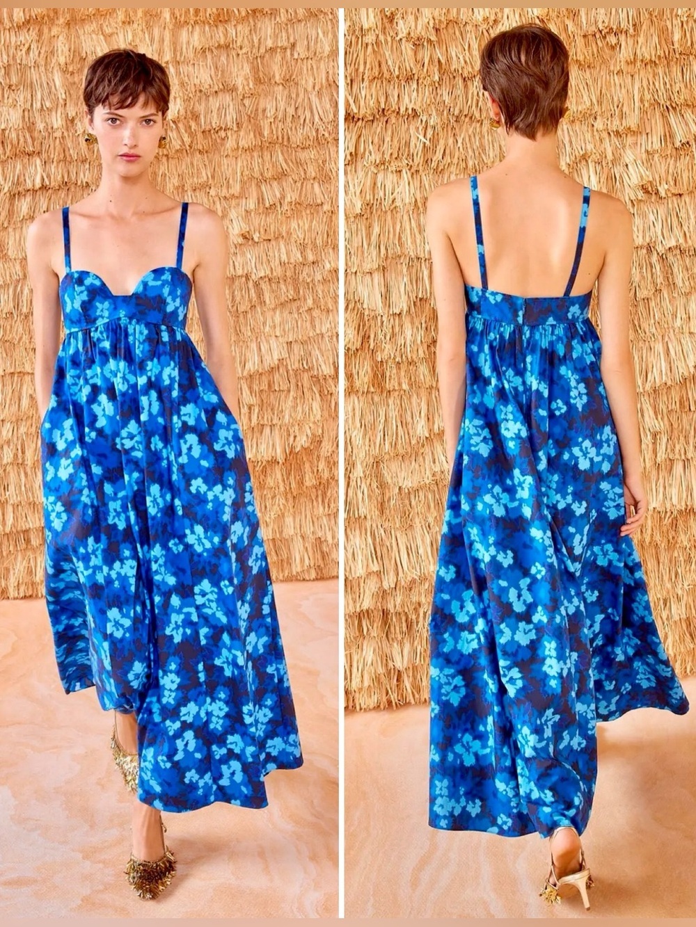Ulla Johnson Harlan Blue Floral Sweetheart Midi Dress Boho Luxury 0 XS